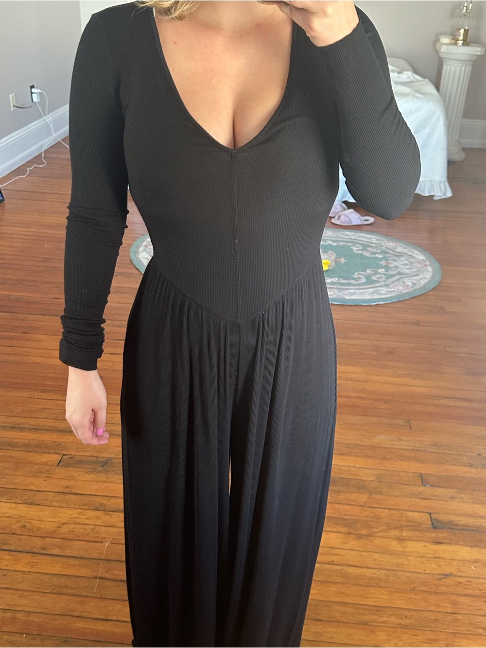 American Eagle Outfitters Black Long-Sleeve V-Neck Wide-Leg Jumpsuit